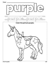 Free horse color purple coloring page and color worksheet, purple worksheet for preschoolers to learn colors, printable PDF