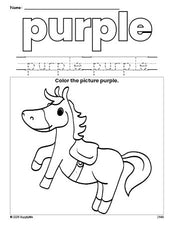 Free horse color purple coloring page and color worksheet, purple worksheet for preschoolers to learn colors, printable PDF