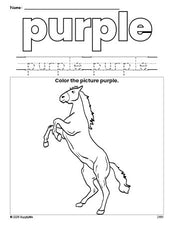 Free horse color purple coloring page and color worksheet, purple worksheet for preschoolers to learn colors, printable PDF