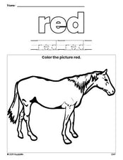 Free horse color red coloring page and color worksheet, red worksheet for preschoolers to learn colors, printable PDF