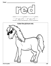 Free horse color red coloring page and color worksheet, red worksheet for preschoolers to learn colors, printable PDF