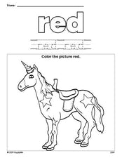 Free horse color red coloring page and color worksheet, red worksheet for preschoolers to learn colors, printable PDF