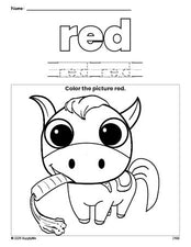 Free horse color red coloring page and color worksheet, red worksheet for preschoolers to learn colors, printable PDF