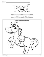 Free horse color red coloring page and color worksheet, red worksheet for preschoolers to learn colors, printable PDF