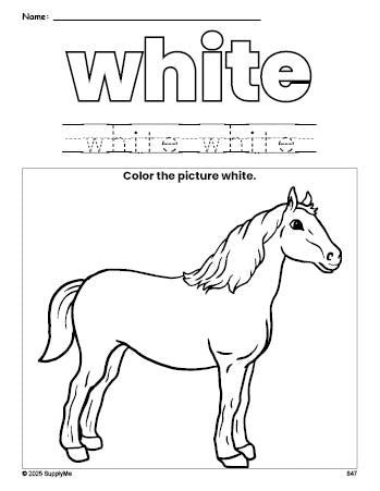 Free horse color white coloring page and color worksheet, white worksheet for preschoolers to learn colors, printable PDF