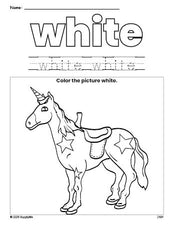 Free horse color white coloring page and color worksheet, white worksheet for preschoolers to learn colors, printable PDF