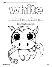 Free horse color white coloring page and color worksheet, white worksheet for preschoolers to learn colors, printable PDF