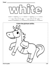Free horse color white coloring page and color worksheet, white worksheet for preschoolers to learn colors, printable PDF
