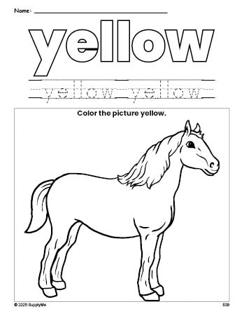 Free horse color yellow coloring page and color worksheet, yellow worksheet for preschoolers to learn colors, printable PDF