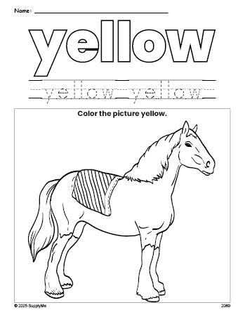 Free horse color yellow coloring page and color worksheet, yellow worksheet for preschoolers to learn colors, printable PDF