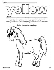 Free horse color yellow coloring page and color worksheet, yellow worksheet for preschoolers to learn colors, printable PDF