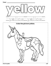 Free horse color yellow coloring page and color worksheet, yellow worksheet for preschoolers to learn colors, printable PDF