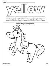 Free horse color yellow coloring page and color worksheet, yellow worksheet for preschoolers to learn colors, printable PDF