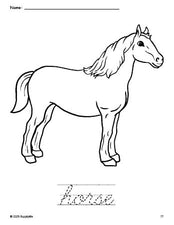 Free printable horse coloring page and cursive word tracing worksheet, perfect for preschool, pre-k, and kindergarten, PDF