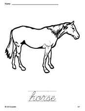 Free printable horse coloring page and cursive word tracing worksheet, perfect for preschool, pre-k, and kindergarten, PDF