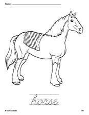 Free printable horse coloring page and cursive word tracing worksheet, perfect for preschool, pre-k, and kindergarten, PDF