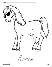 Free printable horse coloring page and cursive word tracing worksheet, perfect for preschool, pre-k, and kindergarten, PDF