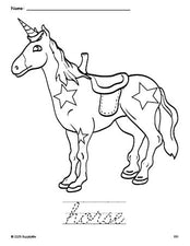 Free printable horse coloring page and cursive word tracing worksheet, perfect for preschool, pre-k, and kindergarten, PDF