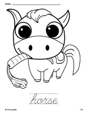 Free printable horse coloring page and cursive word tracing worksheet, perfect for preschool, pre-k, and kindergarten, PDF