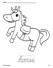 Free printable horse coloring page and cursive word tracing worksheet, perfect for preschool, pre-k, and kindergarten, PDF
