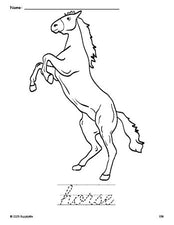 Free printable horse coloring page and cursive word tracing worksheet, perfect for preschool, pre-k, and kindergarten, PDF