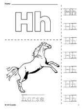 Free printable horse coloring page and letter tracing worksheet, letter h worksheet for preschool, pre-k, and kindergarten, PDF