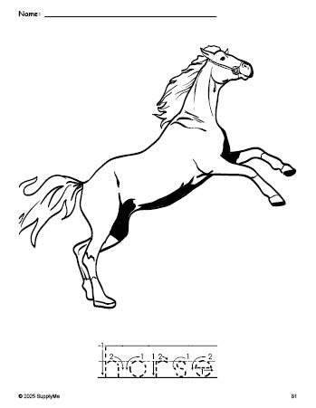 Free printable horse coloring page and word tracing worksheet, letter formation guides, perfect for preschool, pre-k, and kindergarten, PDF