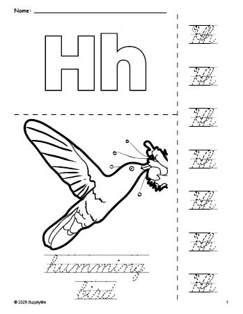 FREE Printable Humming Bird Coloring Page and Cursive Letter Tracing ...