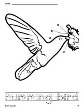 Free printable humming bird coloring page and word tracing worksheet, letter formation guides, perfect for preschool, pre-k, and kindergarten, PDF