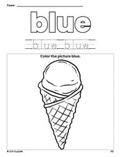 Free ice cream color blue coloring page and color worksheet, blue worksheet for preschoolers to learn colors, printable PDF