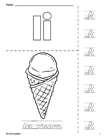 Free printable ice cream coloring page and cursive letter tracing worksheet, letter i worksheet for preschool, pre-k, and kindergarten, PDF