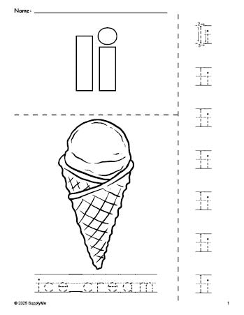 Free printable ice cream coloring page and letter tracing worksheet, letter i worksheet for preschool, pre-k, and kindergarten, PDF