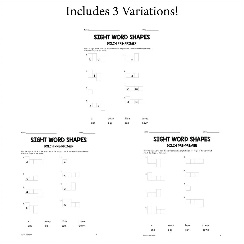 Pre-Primer Dolch Sight Words Worksheets - Word Shapes, 3 Variations, Pre-K