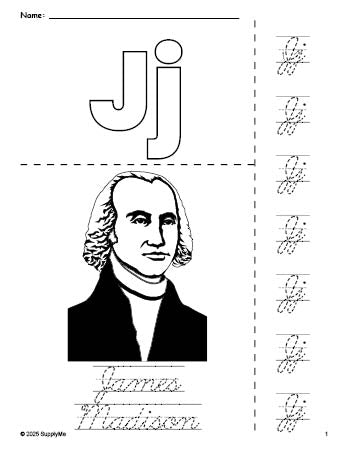 FREE Printable James Madison Presidents' Day Coloring Page and Cursive ...