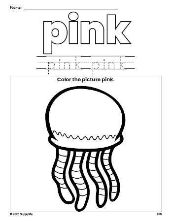 Free jellyfish color pink coloring page and color worksheet, pink worksheet for preschoolers to learn colors, printable PDF