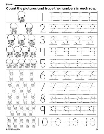 Free printable jellyfish counting worksheet for preschool and pre-k with number tracing practice 1-10, PDF