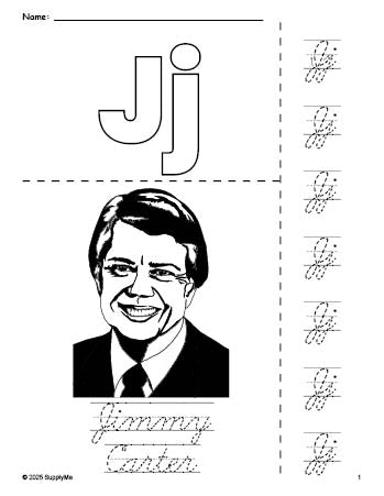 Free printable Jimmy Carter Presidents' Day coloring page and cursive letter tracing worksheet, letter j worksheet for preschool, pre-k, and kindergarten, PDF