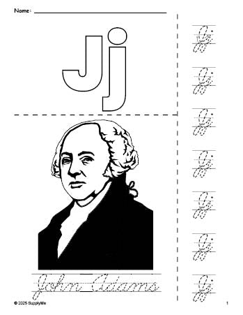 Free printable John Adams Presidents' Day coloring page and cursive letter tracing worksheet, letter j worksheet for preschool, pre-k, and kindergarten, PDF