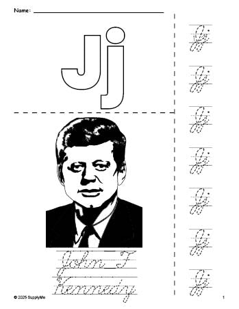 Free printable John F Kennedy Presidents' Day coloring page and cursive letter tracing worksheet, letter j worksheet for preschool, pre-k, and kindergarten, PDF