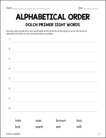 Kindergarten Sight Words Worksheets - Alphabetical Order, All 52 Dolch Primer Sight Words