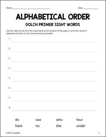 Kindergarten Sight Words Worksheets - Alphabetical Order, All 52 Dolch Primer Sight Words