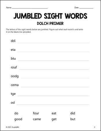 Kindergarten Sight Words Worksheets - Word Jumbles, All 52 Dolch Primer Sight Words