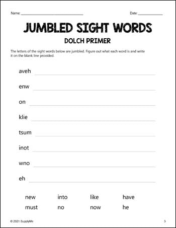 Kindergarten Sight Words Worksheets - Word Jumbles, All 52 Dolch Primer Sight Words