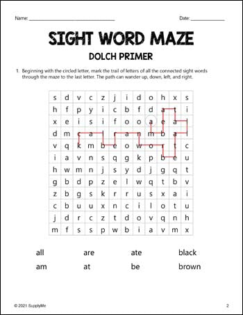 Kindergarten Sight Words Worksheets - Sight Word Maze, All 52 Dolch Primer Sight Words