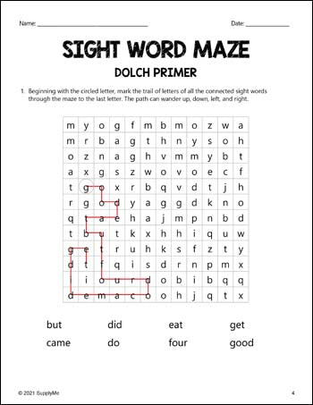 Kindergarten Sight Words Worksheets - Sight Word Maze, All 52 Dolch Primer Sight Words