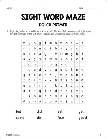 Kindergarten Sight Words Worksheets - Sight Word Maze, All 52 Dolch Primer Sight Words