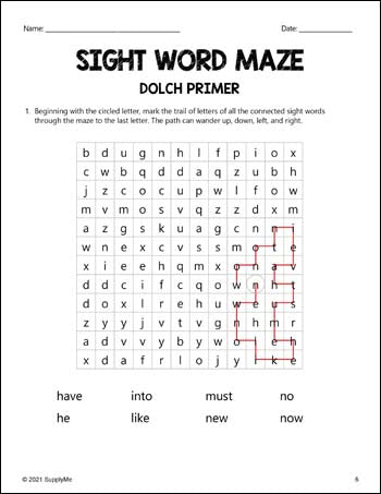 Kindergarten Sight Words Worksheets - Sight Word Maze, All 52 Dolch Primer Sight Words