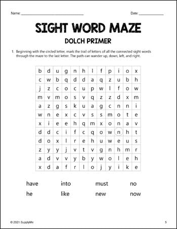Kindergarten Sight Words Worksheets - Sight Word Maze, All 52 Dolch Primer Sight Words