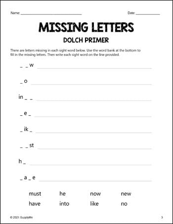 Kindergarten Sight Words Worksheets - Missing Letters, All 52 Dolch Primer Sight Words