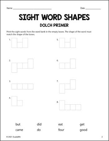 Kindergarten Sight Words Worksheets - Word Shapes, 3 Variations, All 52 Dolch Primer Sight Words